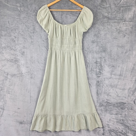 Sim & Sam Dresses & Skirts - Womens Dress Medium Green Milkmaid Linen Boho Tiered Midi Babydoll Cottagecore